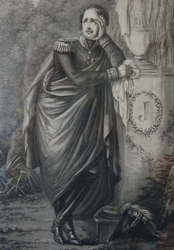 Gravure Empire : le Prince Eugène de Beauharnais pleurant Joséphine, la piété filiale