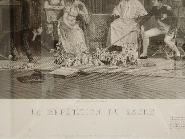 Grande gravure : la répétition du Sacre de Napoléon, cadre d'époque Empire doré à la feuille d'or