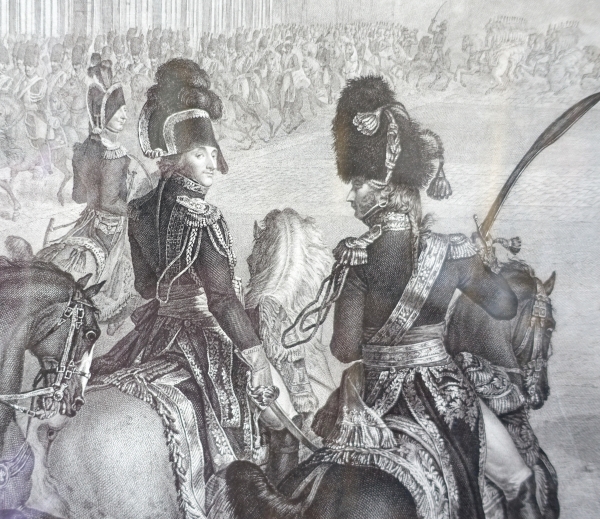 Grande gravure Napoléonienne : Revue du Général Bonaparte 1er Consul aux Tuileries, Vernet & Isabey