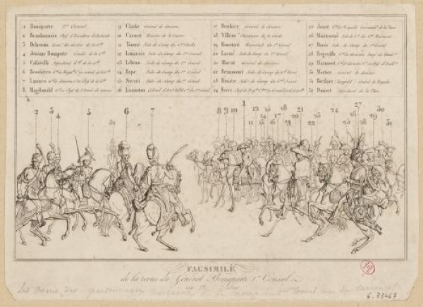 Grande gravure Napoléonienne : Revue du Général Bonaparte 1er Consul aux Tuileries, Vernet & Isabey