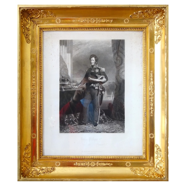Gravure Royaliste - Louis Philippe Roi des Français, luxueux cadre en bois doré à la feuille d'or