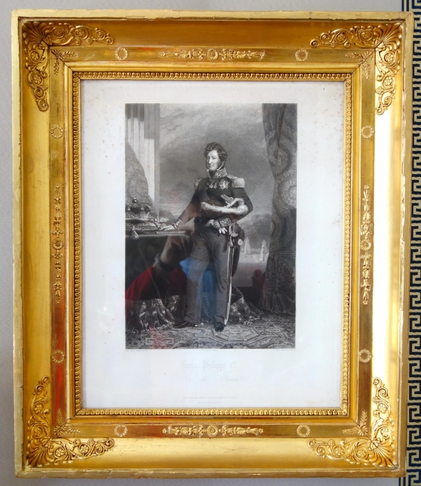 Gravure Royaliste - Louis Philippe Roi des Français, luxueux cadre en bois doré à la feuille d'or