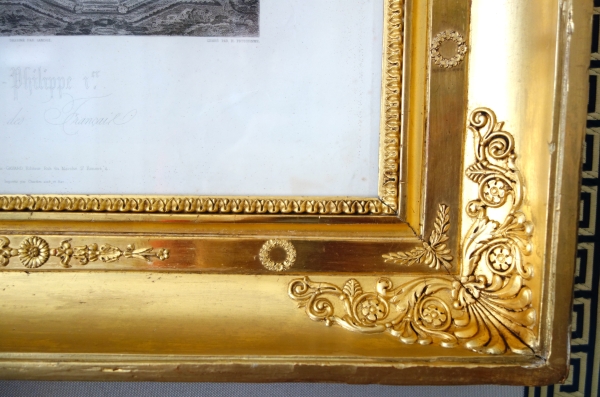 Gravure Royaliste - Louis Philippe Roi des Français, luxueux cadre en bois doré à la feuille d'or