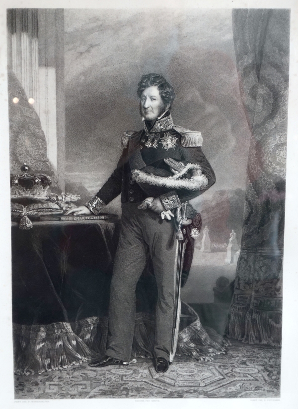 Gravure Royaliste - Louis Philippe Roi des Français, luxueux cadre en bois doré à la feuille d'or