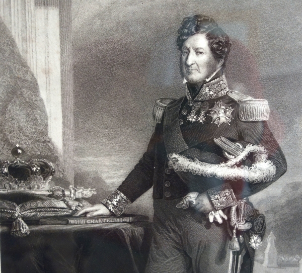Gravure Royaliste - Louis Philippe Roi des Français, luxueux cadre en bois doré à la feuille d'or