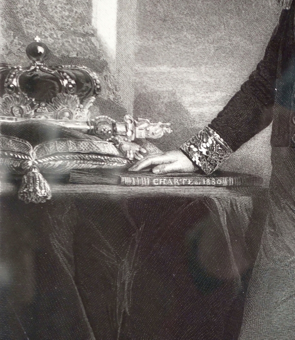 Gravure Royaliste - Louis Philippe Roi des Français, luxueux cadre en bois doré à la feuille d'or