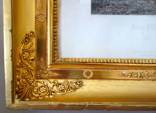 Gravure Royaliste - Louis Philippe Roi des Français, luxueux cadre en bois doré à la feuille d'or