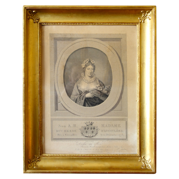 Gravure royaliste, portrait de la Duchesse d'Angoulème Dauphine de France, cadre fleurs de lys