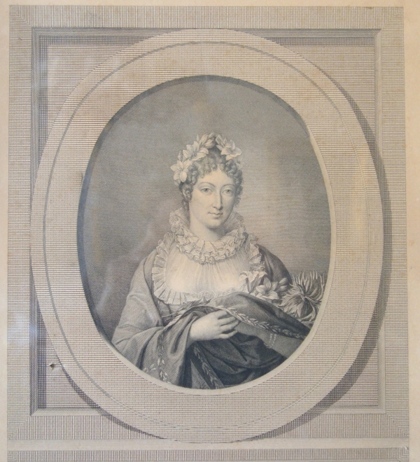 Gravure royaliste, portrait de la Duchesse d'Angoulème Dauphine de France, cadre fleurs de lys