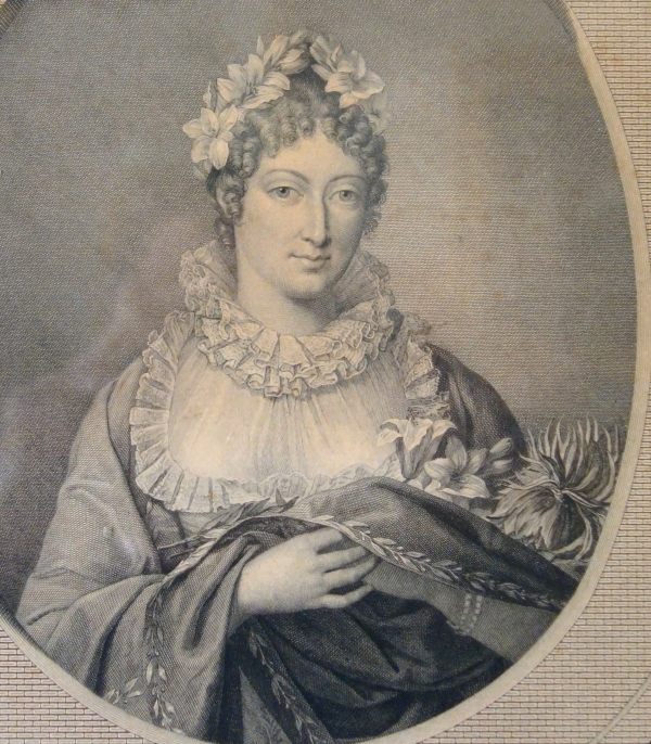 Gravure royaliste, portrait de la Duchesse d'Angoulème Dauphine de France, cadre fleurs de lys