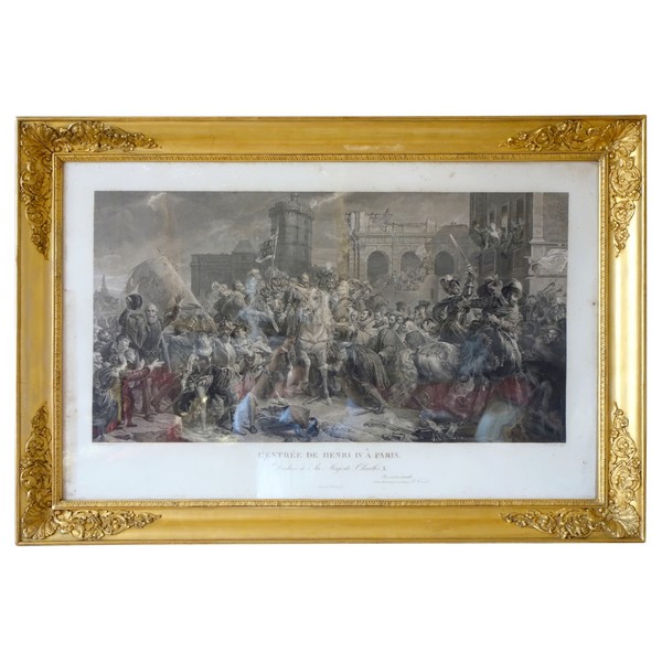 Grande gravure royaliste d'époque Charles X : l'entrée d'Henri IV à Paris - 81cm x 119cm