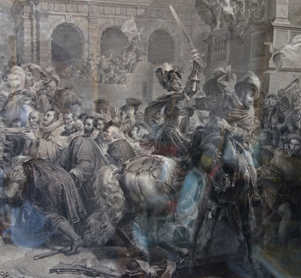 Grande gravure royaliste d'époque Charles X : l'entrée d'Henri IV à Paris - 81cm x 119cm