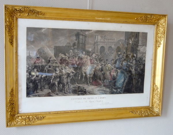 Large 19th century royalist engraving : King Henri IV arriving to Paris - 81cm x 119cm