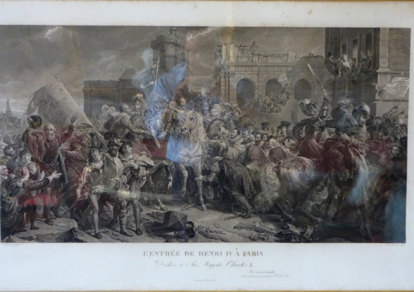 Grande gravure royaliste d'époque Charles X : l'entrée d'Henri IV à Paris - 81cm x 119cm