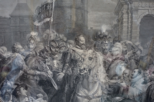 Large 19th century royalist engraving : King Henri IV arriving to Paris - 81cm x 119cm