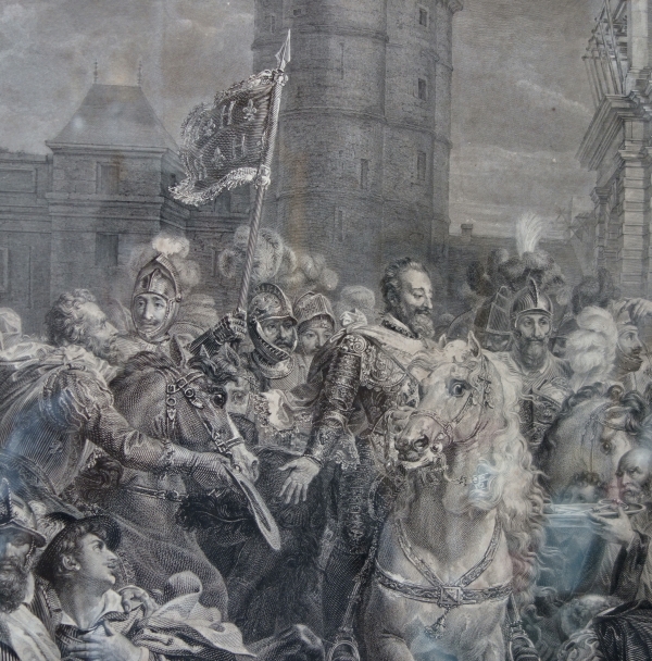 Large 19th century royalist engraving : King Henri IV arriving to Paris - 81cm x 119cm