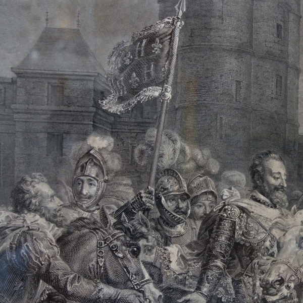 Grande gravure royaliste d'époque Charles X : l'entrée d'Henri IV à Paris - 81cm x 119cm