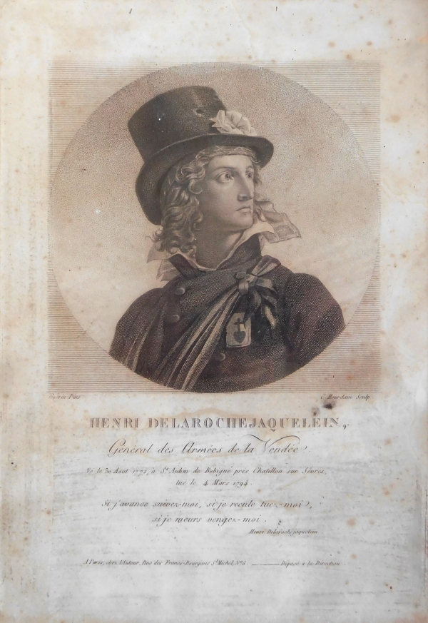 Gravure Henri de La Rochejacquelein, souvenir historique royaliste dans son cadre en bois doré