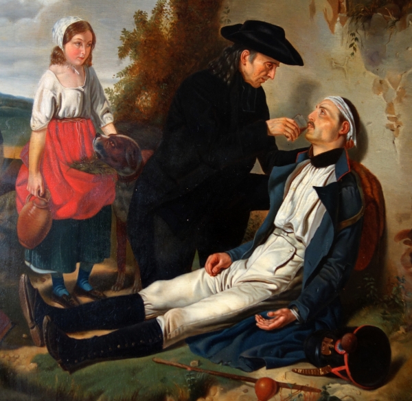 19th century French school : wounded Grenadier at Waterloo - oil on panel - 70cm x 78cm