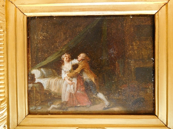 Early 19th century French school after Greuze, galant scene, oil on panel in a gilt wood frame