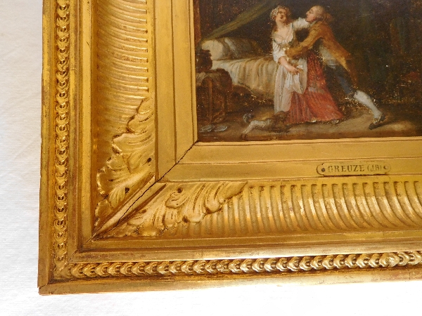 Early 19th century French school after Greuze, galant scene, oil on panel in a gilt wood frame