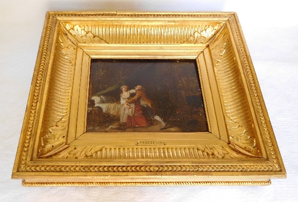 Early 19th century French school after Greuze, galant scene, oil on panel in a gilt wood frame