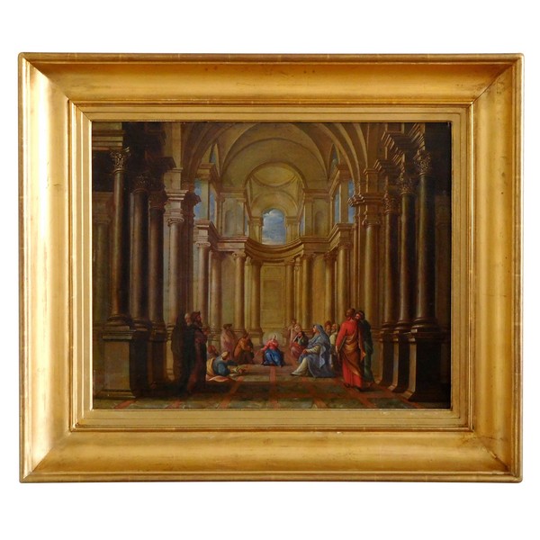 17th century school, oil on panel : Jesus and the Doctors of the Law