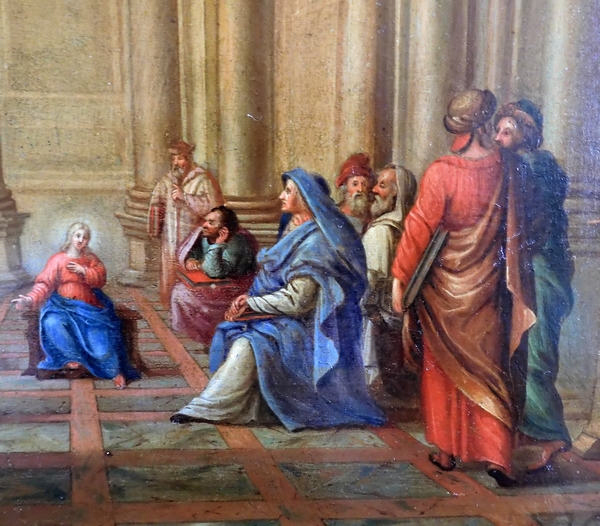 17th century school, oil on panel : Jesus and the Doctors of the Law