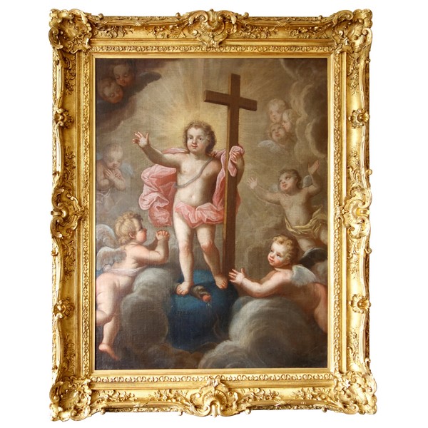 Pierre Staron 1711 : grand tableau d'autel d'époque Louis XIV : l'Enfant Jésus en gloire - 130cm x 160cm