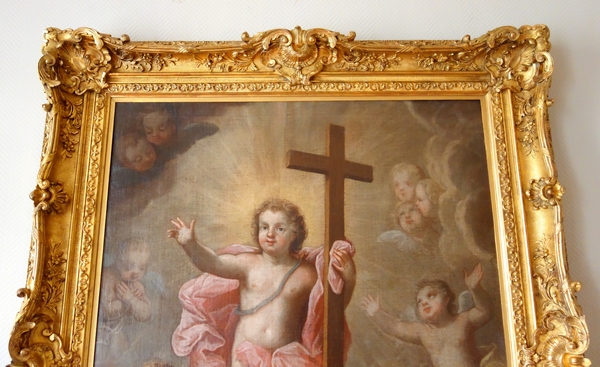 Pierre Staron 1711 : grand tableau d'autel d'époque Louis XIV : l'Enfant Jésus en gloire - 130cm x 160cm