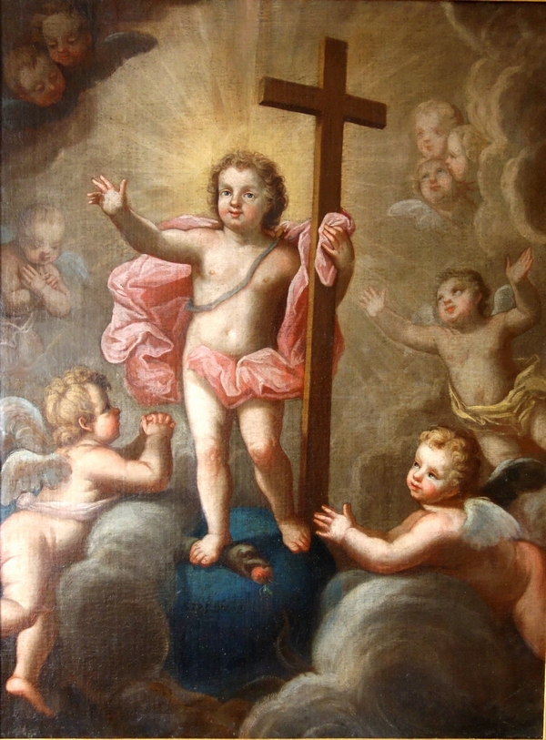 Early 18th century French school : Jesus Child in glory signed Pierre Staron, dated 1711
