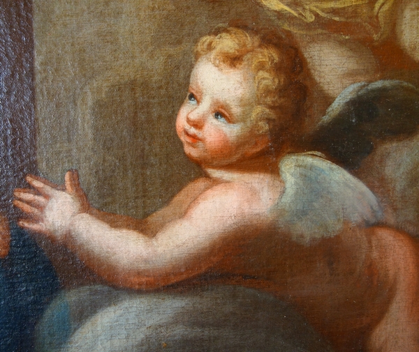 Pierre Staron 1711 : grand tableau d'autel d'époque Louis XIV : l'Enfant Jésus en gloire - 130cm x 160cm