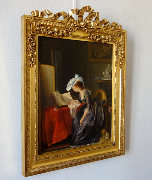 Ecole Française, jeune femme à la lecture sous le règne de Louis XVI - huile sur toile