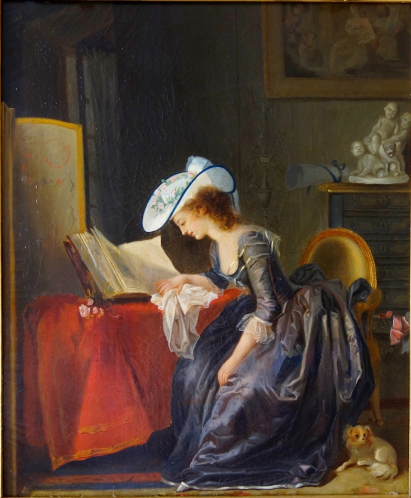 Ecole Française, jeune femme à la lecture sous le règne de Louis XVI - huile sur toile