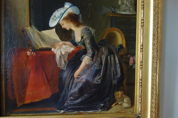 Ecole Française, jeune femme à la lecture sous le règne de Louis XVI - huile sur toile