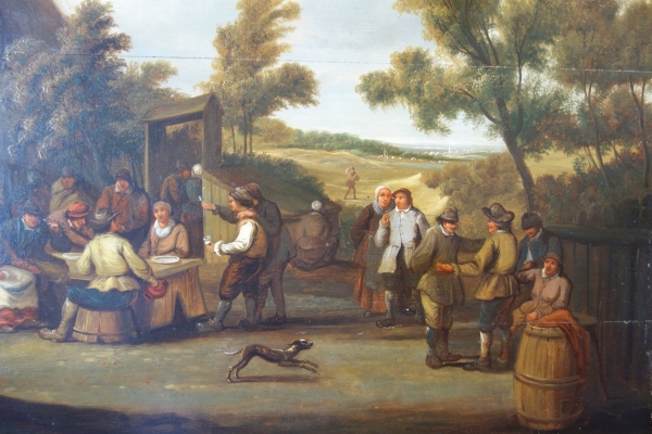 Ecole Flamande du XVIIIe siècle, kermesse de village, suiveur de David Teniers - 86,5cm x 71cm