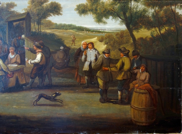 Ecole Flamande du XVIIIe siècle, kermesse de village, suiveur de David Teniers - 86,5cm x 71cm