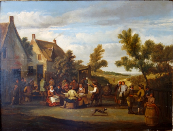 Ecole Flamande du XVIIIe siècle, kermesse de village, suiveur de David Teniers - 86,5cm x 71cm