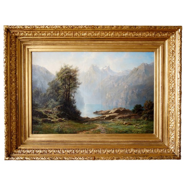 Leberecht Lortet 1826-1901, grand tableau au lac de montagne, huile sur toile - 55cm x 82,5cm