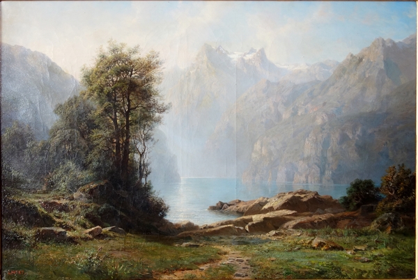 Leberecht Lortet 1826-1901, grand tableau au lac de montagne, huile sur toile - 55cm x 82,5cm