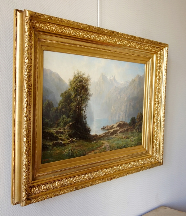 Leberecht Lortet (1826-1901) : large oil on canvas, mountain lake - 55cm x 82,5cm