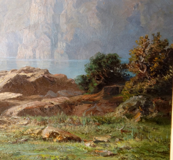 Leberecht Lortet (1826-1901) : large oil on canvas, mountain lake - 55cm x 82,5cm