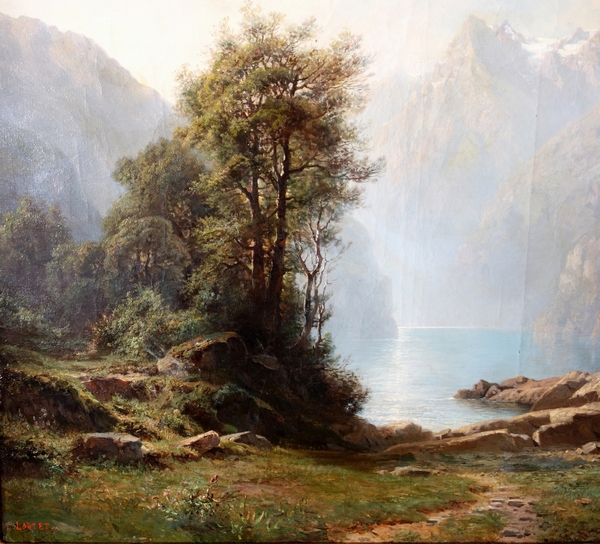 Leberecht Lortet 1826-1901, grand tableau au lac de montagne, huile sur toile - 55cm x 82,5cm