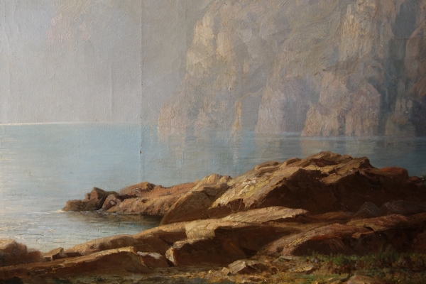 Leberecht Lortet 1826-1901, grand tableau au lac de montagne, huile sur toile - 55cm x 82,5cm