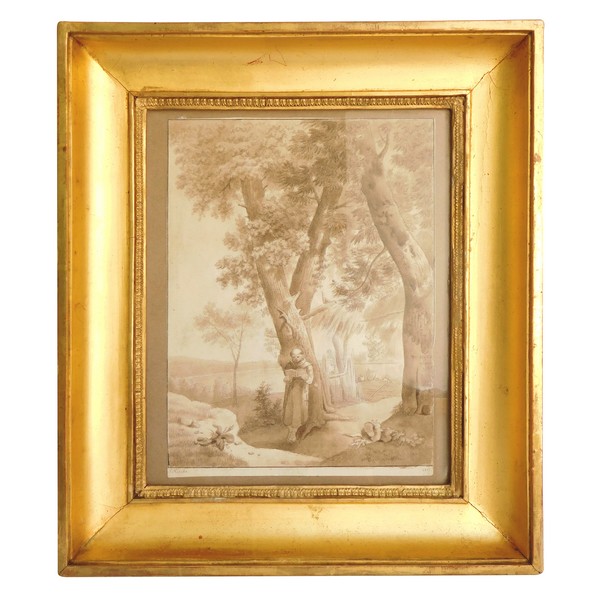 Empire drawing dated 1813, signed Hoche : Capuchin monk in his vegetable Garden
