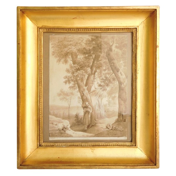 Empire drawing dated 1813, signed Hoche : Capuchin monk in his vegetable Garden