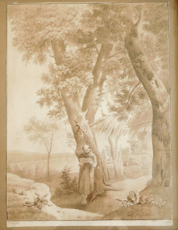 Empire drawing dated 1813, signed Hoche : Capuchin monk in his vegetable Garden