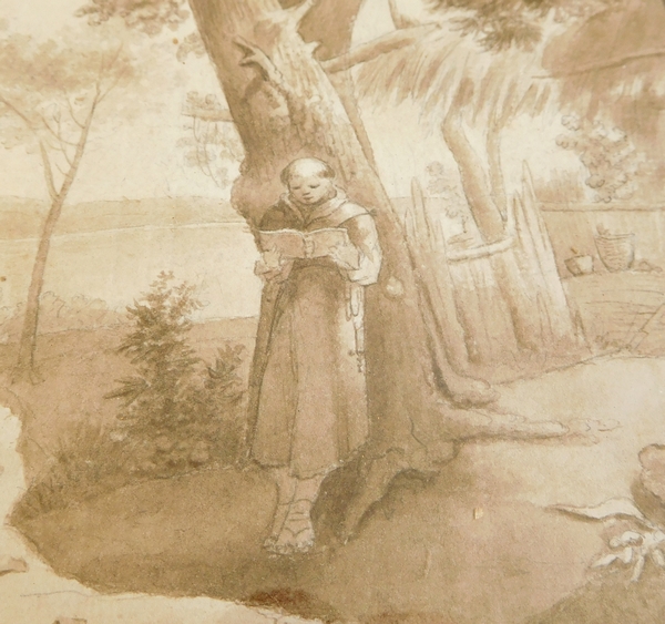Dessin lavis d'époque Empire, daté 1813 et signé Hoche : le moine Capucin dans son potager