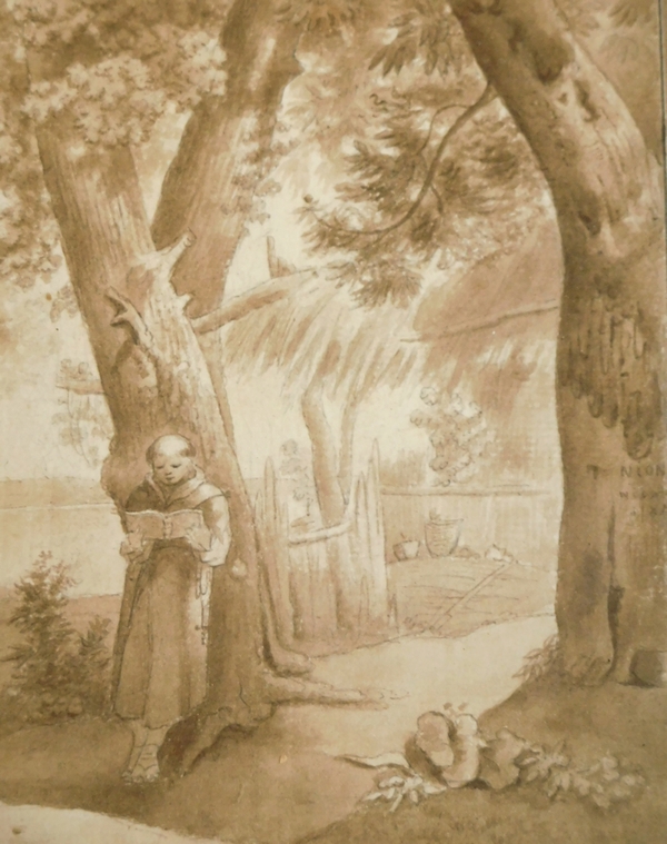 Dessin lavis d'époque Empire, daté 1813 et signé Hoche : le moine Capucin dans son potager