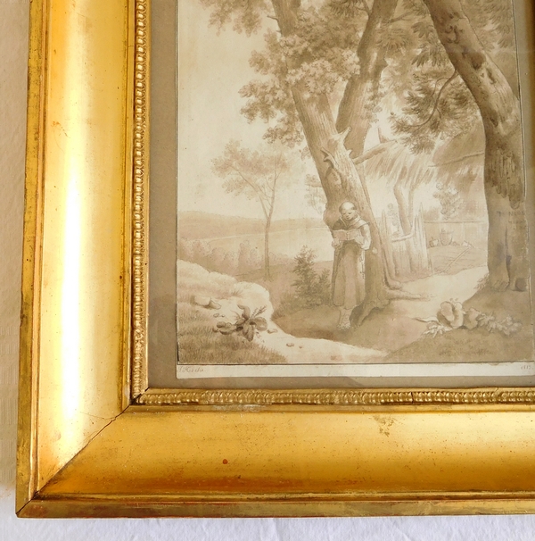 Empire drawing dated 1813, signed Hoche : Capuchin monk in his vegetable Garden